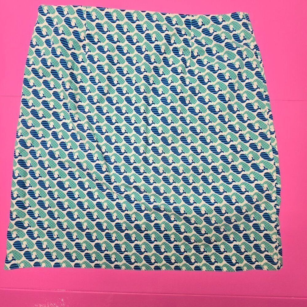 Talbots Twill Teal Blue Whale Print Pencil Skirt Preppy Nautical Beach Size 12 - Picture 2 of 9
